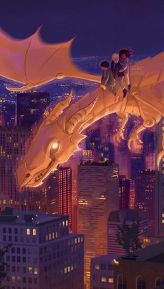 an animated image of two people riding on a dragon over a city at night with buildings in the background