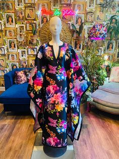 The "Midnight Garden" Kaftan is the perfect garment to connect all the seasons... This magnificent floral print silk/viscose blend fabric combines elegance and comfort in such a magical way that its wearer is assured to be a breath of fresh air in any space or room...  All Kaftans/Kaftunics  are handmade with custom details, therefore: 1. Please provide your full height, waist and hip measurements to assure a more custom fit. 2. For additional custom requests, please feel free to contact me direct. Silk Kaftan With Floral Print And V-neck, Multicolor V-neck Kimono With Floral Print, Multicolor Floral Print V-neck Kimono, Fitted Silk Kimono With Floral Print, Floral Print Patterned Kaftan With Kimono Sleeves, Fitted Multicolor Silk Kimono, Patterned Kaftan With Floral Print And Kimono Sleeves, Silk Patterned Kaftan For Spring, Silk Floral Print Patterned Kaftan