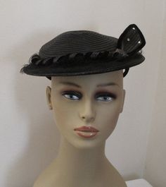 Vintage Black Straw Hat with Rhinestones Black Straw Hat, Womens Hat, Vintage Hats, Black Veil, Fascinator Hats, Blue Bow, Hat Band, 1950s Vintage, Hats Vintage