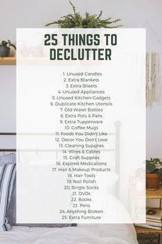 the 25 things to declutter on top of a bed