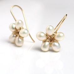 Pearl Flower Dangle Earrings by Wendy Stauffer (Gold & Pearl Earrings) | Artful Home Elegant Wire Wrapped Flower Earrings, Creative Jewelry Photography, Flower Dangle Earrings, Flower Drop Earrings, Artful Home, Gold Pearl Earrings, Bronze Pendant, Jewelry Photography, Floral Jewellery