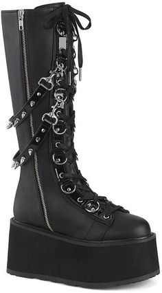 Alternative Knee-high Platform Boots For Concerts, Cheap Demonia Boots, Platform Knee-high Moto Boots For Alternative Fashion, Knee-high Platform Moto Boots For Alternative Fashion, Punk Style Knee-high Platform Moto Boots, Punk Knee-high Combat Boots For Alternative Fashion, Edgy Knee-high Platform Combat Boots, Punk Style Knee-high Boots For Alternative Fashion, Slay Shoes