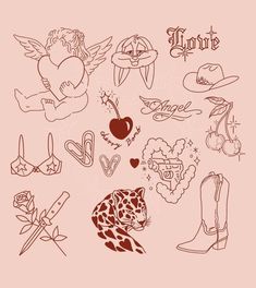 an image of some tattoos on a pink background with the word love written in it