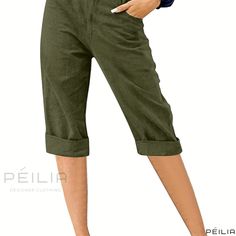 Peilia - Premium Plus-Size Womens Capri Pants - Solid High-Waist Button-Front Design with Convenient Pockets for Casual Wear Womens Capri Pants, Plus Size Casual, Front Design, Army Green, Capri Pants, Capri, Casual Wear, Weaving, Solid Color