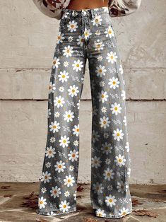 Spring Floral Print Wide Leg Pants, Spring Floral Print Wide Leg Bottoms, Spring Floral Print High Waist Wide Leg Pants, Casual Floral Print Pants For Spring, Casual Floral Print Wide Leg Pants For Spring, Floral Print Non-stretch Wide Leg Jeans, Non-stretch Floral Print Wide Leg Jeans, Non-stretch Wide Leg Jeans With Floral Print, Non-stretch Wide Leg Floral Jeans