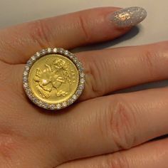 Gorgeous Coin And Cubic Zircon 21 K Solid Gold Size 9 Weight 8.59 Grams Gold Coin Ring, Dainty Wedding Ring, Classic Wedding Rings, Coin Ring, Citrine Ring, Gold Coin, Zircon Ring, Stone Gold, Gold Coins