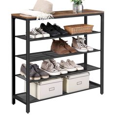 three tiered shoe rack with baskets on the bottom and one shelf below it, holding several pairs of shoes