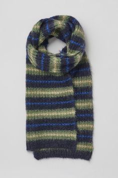 a green and blue striped scarf on a white background