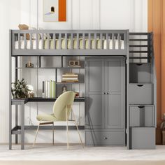 a loft bed with a desk underneath it and storage drawers under the bottom bunkbed