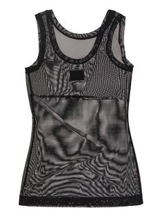 Dolce & Gabbana tank top in black nylon mesh with black leather patch and silver finish metallic logo plaque on the chest. The design is completed by a round neck, sheer quality, sleeveless and tight fit. Composition: 92% Nylon, 8% Elastane | Dolce & Gabbana Women's Mesh Tank Top in Black | FW23/24 Fitted Nylon Tank Top With Mesh Back, Fitted Nylon Tank Top With Scoop Neck, Black Fitted Vest With Scoop Neck, Sheer Stretch Tank Top, Fitted Sheer Tank Top, Sheer Fitted Mesh Tank Top, Sheer Fitted Sleeveless Tank Top, Fitted Sheer Tank Top With Tank Straps, Fitted Sheer Mesh Tank Top