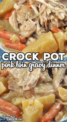 crock pot pork stew with potatoes and carrots on a blue plate text overlay