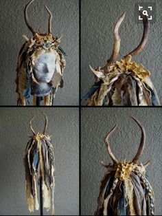 four different pictures of an animal's head made out of fabric and other things