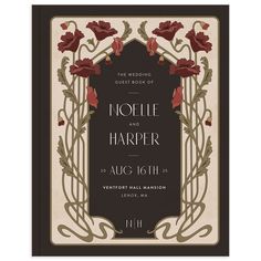 an art deco wedding card with red flowers on black and white paper, in the middle of