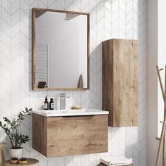 a bathroom with a wooden cabinet and mirror