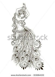 a woman in a long dress with feathers on her head and the tail is drawn by hand