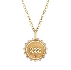 Handcrafted from the highest quality materials, Marlo Laz jewels are modern heirlooms and precious talismans. The 14K yellow gold Zodiac Necklace features white diamonds and a sparkling gem. This cosmic accessory is stylish on its own or layered with other charms. Product Details 14K yellow gold with a gem. Made in Manhattan. Care Instructions Spot clean. Size & Fit Pendant: 5/8" DIA Shipping Details Please allow 3 weeks for standard delivery. Return Policy This item is available for return within 15 days. The piece must be unworn and in perfect condition. Luxury Gold Plated Zodiac Necklaces, Luxury Zodiac Sign Necklace, Luxury Gold-plated Zodiac Necklace, Yellow Gold Zodiac Sign Pendant Jewelry, Gold Plated Zodiac Sign Pendant Jewelry, Zodiac Necklaces, Diamond White, Cool Designs, Sparkle