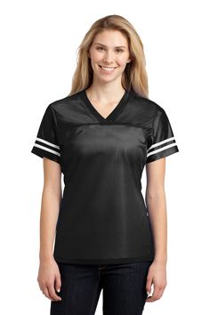 a women's black football jersey with white stripes