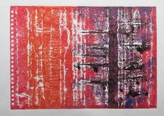 an orange and red abstract painting on white paper with black lines in the middle,