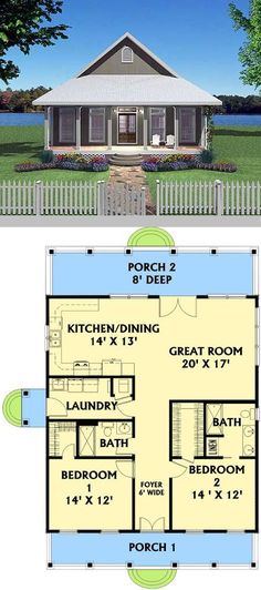 the floor plan for a small house with two bedroom and an attached porch, is shown in