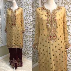 Women's Gold Chiffon Shirt with Embroidery & Velvet Bell | Etsy Gold Embroidered Georgette Churidar, Gold Silk Palazzo Set For Transitional Season, Elegant Yellow Kurta With Mirror Work, Gold Silk Palazzo Set With Sheer Dupatta, Gold Embroidered Palazzo Set For Transitional Season, Embroidered Gold Palazzo Set For Eid, Elegant Gold Long-sleeve Palazzo Set, Festive Gold Palazzo Set With Sheer Dupatta, Unstitched Gold Silk Palazzo Set