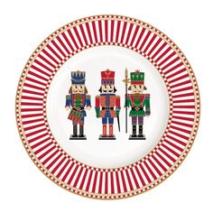 a red and white plate with two nutcrackers on it