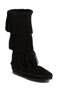 Three tiers of fringe cover the tall shaft of a flat suede boot, trimmed with whipstitching along the seams for subtle detail. Style Name:Minnetonka 3-Layer Fringe Boot. Style Number: 231508. Suede Flat Boots, Nordstrom Boots, Minnetonka Fringe Boots, Fringe Moccasin Boots, Black Fringe Boots, Womens Casual Boots, Moccasin Boots, Fringe Boots, Boots Womens