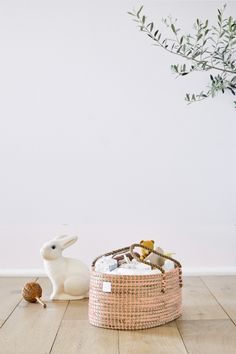 a white rabbit sitting next to a basket filled with treats