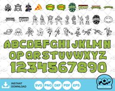 the alphabet and numbers are drawn in green ink on white paper, with an image of cartoon