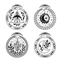 four circular ornaments with symbols in the style of native american art, black and white