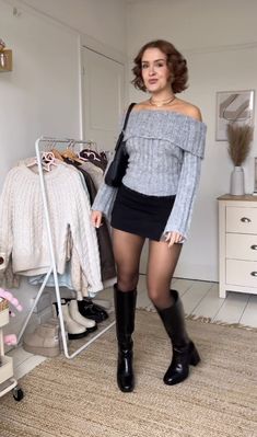 Knee High Boots With Stockings Outfit, Black Platform Knee High Boots Outfit, Winter High Boots Outfit, Thigh High Socks With Boots, Cold Dress Outfit, Winter Wedding Guest Outfit Cold Formal, Outfit With Knee High Boots, Thanksgiving Eve Outfits, Platform Boots Outfit