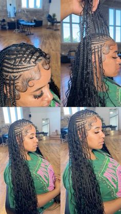 @yogirlry Hairstyles That Last A Month Black Women, Lemonade Braids With Designs, Boho Cornrows, Boho Fulani Braids, Braids 2024, Bohemian Knotless