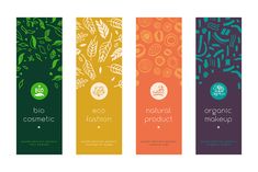 three vertical banners with different types of organic products and the words eco cosmetics on them