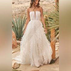 a woman in a white wedding dress standing on a stone path next to cacti