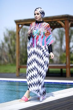 Burkini Zigzag Patterned Pareo (Caftan) Bohemian Printed Patterned Swimwear, Bohemian Multicolor Cover-up For Swimming, Black Bohemian Cover-up For Pool, Bohemian Black Cover-up For Pool, Black Bohemian Pool Cover-up, Bohemian Black Pool Cover-up, White Printed Cover-up For Pool, White Bohemian Style Swimming Cover-up, White Bohemian Swim Cover-up