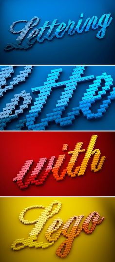 four different types of letters that are made out of lego blocks and the words speed written in