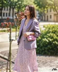 Zlily - Floral Print Long Sleeve Wrap Dress with Cinched Waist Spring Purple Midi Dress For Work, Purple Midi Dress For Spring Workwear, Spring Workwear Purple Midi Dress, Casual Purple Midi Dress For Spring, Flowers Combination, Leaf Sleeve, Long Sleeve Wrap Dress, Lotus Leaf, Floral Print Midi Dress