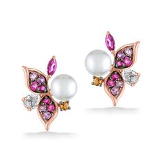 14K Strawberry Gold® (Rose Gold) Le Vian Aloha® Collection Garden Ombré Stud Earrings with 0.92 Carats (total weight) of Strawberry Ombré®, Peach Morganite™, Raspberry Rhodolite®, Spessartite and Vanilla Pearls™. The earrings measure approximately 7/8" x 5/8". Available exclusively at Na Hoku - Hawaii's Finest Jewelers Since 1924. Mens Diamond Jewelry, Aloha Collection, Jewellery Design Sketches, Hawaiian Jewelry, Le Vian, Purple Pearl, Turtle Pendant, Fine Jewels, Flower Earrings Studs