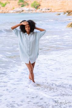 Linen beach tunic-fit shirt. Easy flowing, beautiful oversized tunic in a relaxed fit. Comfortable and great for a beach or for daily summer occasions combining with trousers. A perfect, timeless item for your summer wardrobe.Made from lightweight, washed linen.Available in: dusty bluePlease note that due to the many variations in monitors and browsers, actual colors may vary.DETAILS• Model wearing dusty blue in size S is 5’8” (174 cm) • Relaxed fit. Questions about the fit? Message us!• Made fr Relaxed Summer Beach Blouse, Relaxed Fit Tunic For Vacation, Casual Beach Tunic, Summer Linen Tunic For Vacation, Casual Tunic For Beach Cover-up With Relaxed Fit, Casual Relaxed Fit Tunic For Beach, Casual Short Sleeve Tunic For Beach Cover-up, Relaxed Linen Blouse For Vacation, Summer Linen Tunic