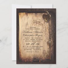 an old fashioned wedding card with a key on it