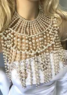 Beaded Chest Piece, Bridal Body Jewelry, Beads Clothes, Vintage Jewelry Diy, Boho Statement Necklace, Bling Crafts, Hanging Beads, Beaded Fringe, Collar Necklace