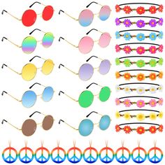 PRICES MAY VARY. Packed: round hippie sunglasses x 30pairs，rainbow peace sign necklaces x 30 pieces ，daisy flower hair headbands x 30 pieces Size :hippie sunglasses is approx. 12.5 x 5.3 cm/ 5 x 2.1 inches, rainbow peace sign necklaces diameter is approx. 7cm/2.75inch，daisy headband is approx.50 cm/ 20 inch perimeter Versatile:10 different colors sunglasses and daisy flower hair headbands suitable for various parties, such as birthday parties, wedding parties, costume parties, Halloween, beach p Retro Sunglasses For Spring Music Festival, Bohemian Sunglasses For Summer Parties, Vintage Multicolor Sunglasses For Summer, Vintage Summer Festival Sunglasses, Multicolor Tinted Sunglasses For Festivals, Multicolor Tinted Festival Sunglasses, Fun Multicolor Sunglasses For Festivals, Fun Multicolor Festival Sunglasses, Halloween Beach