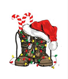 a christmas hat and boots with candy canes