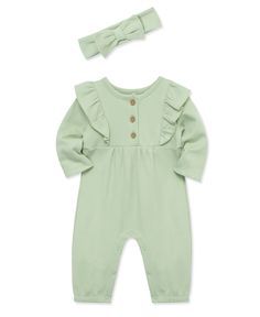 A newborn baby girls' jumpsuit features an Autumn green jumpsuit and a matching headband. 100% Organic Cotton Imported Machine washable cold and tumble dry low Snap closure at legs for easy changing Girls Jumpsuit, Autumn Green, Boy Bib, Girls Bib, Green Jumpsuit, Dressy Fashion, Knit Jumpsuit, One Piece Pajamas