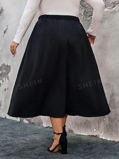 Style:Casual \nType:Flared \nDetails:Pocket \nColor:Black \nPattern Type:Plain \nWaist Line:High Waist \nLength:Midi \nTemperature:Late Fall (10-17℃/50-63℉) \nFit Type:Loose \nFabric:Non-Stretch \nMaterial:Woven Fabric \nComposition:97% Polyester \nComposition:3% Elastane \nCare Instructions:Machine wash or professional dry clean \nBody:Unlined \nSheer:Yes \n Late Fall, Plus Size Skirts, Woven Fabric, Style Casual, Elastic Waist, High Waist, Summer Fashion, Dry Clean, Solid Color