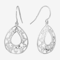 Add these Silver Reflections pure silver over brass filigree teardrop earrings to your jewelry collection today! Earrings are crafted in pure silver over brass, feature a beautIful filigree design, 31.7mm in length and have a French wire backing. With the sleek design, these drop earrings can be worn with any wardrobe choice. Wipe earrings clean with a soft cloth.Included: 1 Pair of EarringsFeatures: Nickel FreeEarring Back: French WireShape: TeardropMetal Color: Silver ToneEarring Length: 31.7m Sterling Silver Teardrop Earrings With Intricate Design, Sterling Silver Intricate Teardrop Earrings, Ornate Sterling Silver Teardrop Filigree Earrings, Sterling Silver Filigree Teardrop Earrings, Ornate Sterling Silver Teardrop Earrings, Silver Teardrop Earrings With Intricate Design, Silver Teardrop Crown Earrings Gift, Silver Filigree Teardrop Earrings For Gift, Brass Filigree