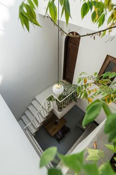 an overhead view of a room with stairs and a table in the center, surrounded by greenery