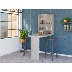 a table and two stools in front of a wall with blue tiles on it