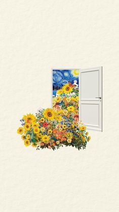 an open window with sunflowers and other flowers