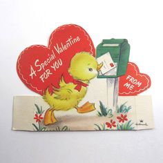 a valentine card with a yellow duck in front of a mailbox that says, a special valentine for you from me