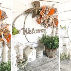 three pictures of pumpkins with welcome signs on them and some potted plants in the foreground